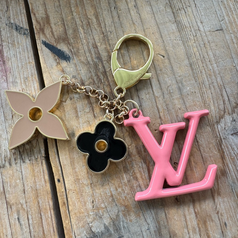 LV luxury up cycled pink black and tan bag charm. Perfect new condition.